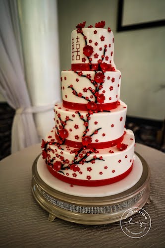 Elegant Events - Chinese themed wedding cake - wedding cake with red ribbons and cherry blossoms - double happiness