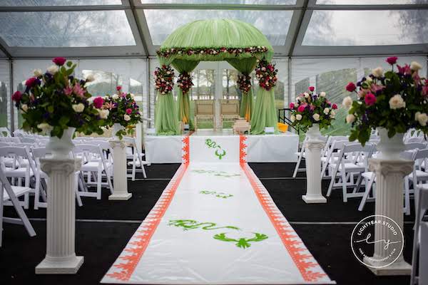 Indian wedding ceremony - custom aisle runner- mandap - green fabric mandap - floral ceremony decor