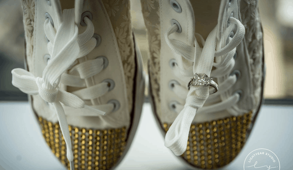 bride's shows - comfortable shoes for brides - brides shoes with gold sparkles - wedding ring photos - wedding ring on bride's shoes