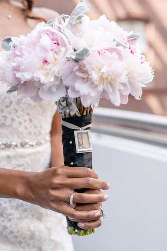 bridal bouquet - bridal bouquet with pink peonies, dusty miller and a locket - bridal bouquet with a photo locket