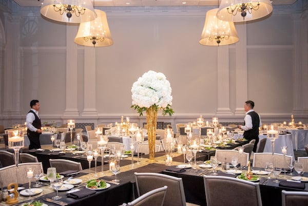 Le Meridien Philadelphia wedding reception - black and gold modern wedding reception - banquet tables forming an X