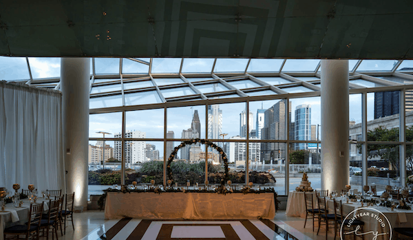 The Cira Center Atrium at JG Domestic - Philadelphia wedding. - wedding reception with views of Philadelphia