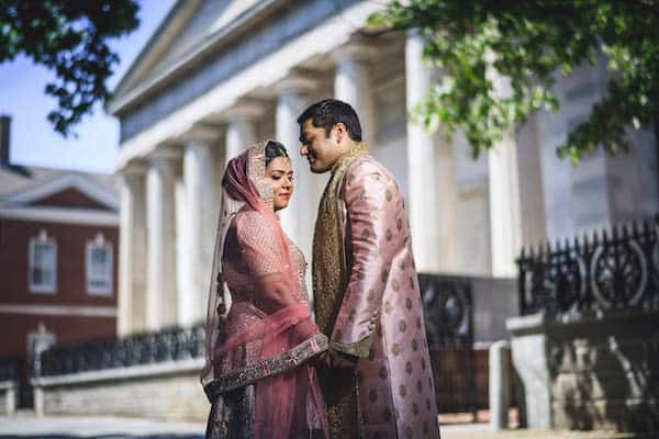 South Asian bride and groom in historic Old City Philadelphia