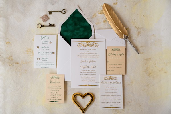 Hunter Green and Gold custom invitation suite as invitation for a Glam Styled Shoot at the Pennsylvania Academy for the Fine Arts