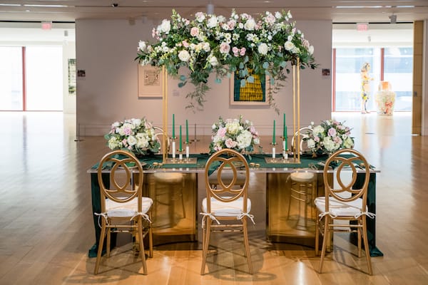 hunter green and gold reception table for a PAFA styled shoot in Philadelphia