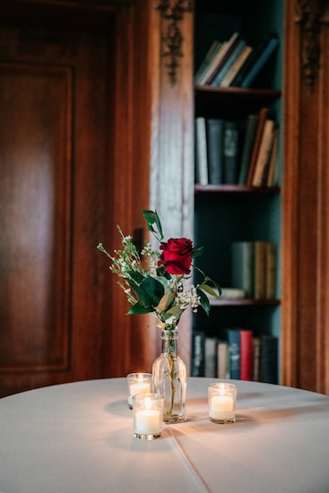 cocktail table in the library at a Cairnwood Estate wedding