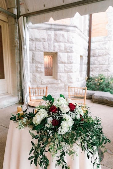 gold, red and white sweetheart table on the south terrace at a Cairnwood estate wedding