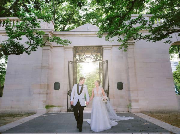 bride and groom at the Rodin Museum in Philadelphia