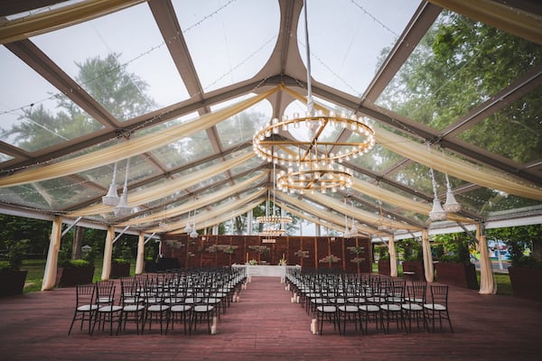 Cescaphe Franklin's View clear tent outdoor wedding venue set for a wedding ceremony