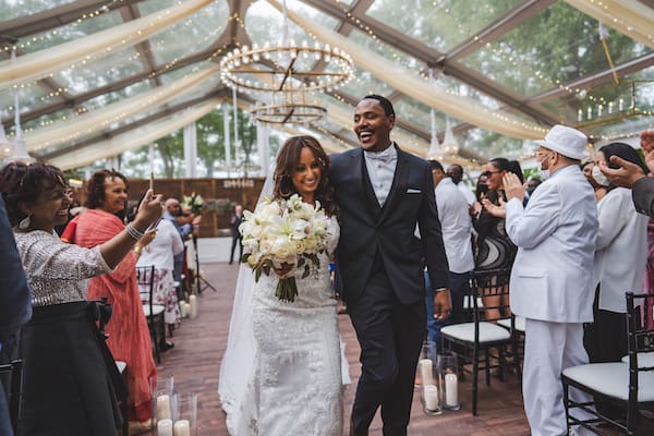 Just Married! bride and groom after their Philadelphia wedding ceremonyat Cescaphe's Franklin's View wedding venue in Old City Philadelphia