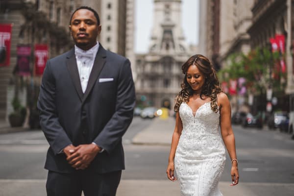 bride stopping traffic on South Broad Street for her first look