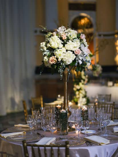 gold and blush wedding reception decor in Hamilton Hall at Philadelphia's Please Touch Museum