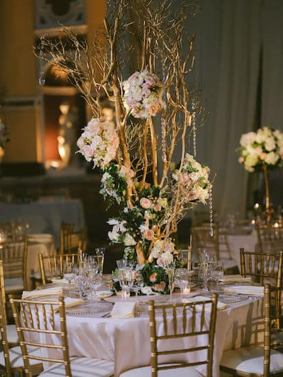 gold and blush wedding reception decor in Hamilton Hall at Philadelphia's Please Touch Museum