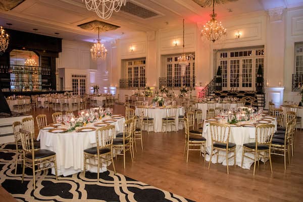 Cescaphe Ballroom dressed for a classic romantic celebration