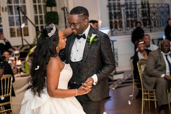 Couple's classic first dance at their timeless wedding reception