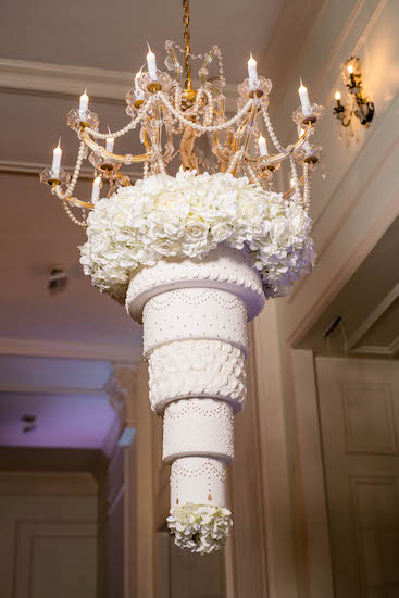 five-tier hanging chandelier wedding cake at Cescaphe Ballroom