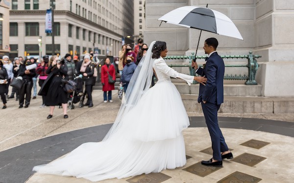 Philadelphia bride and groom having thier first look in a light rain