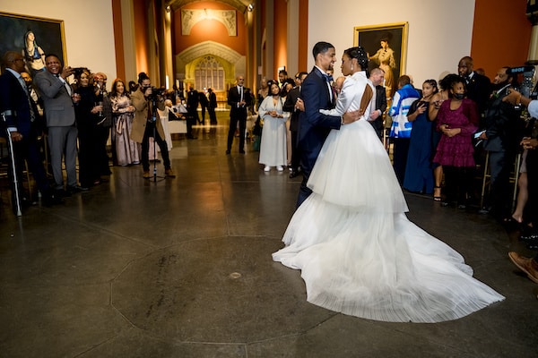 Philadelphia couple's first dance in the rotunda at their Pennsylvania Academy of the Fine Arts wedding