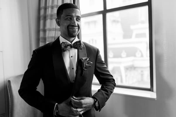 Philadelphia Academy of Fine Arts wedding groom in a custom tuxedo by Henry Couture Paris