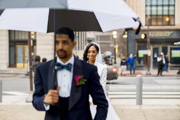 Philadelphia Academy of Fine Arts wedding first look in a light rain