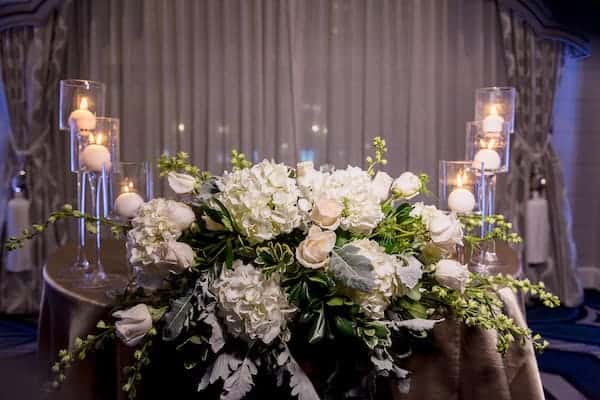 Sweetheart table arrangement at a Philadelphia wedding at the Pennsylvania Academy of the Fine Arts