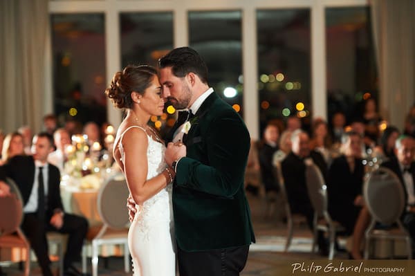 Bride and groom during their first dance at the hilton Penn's Landing