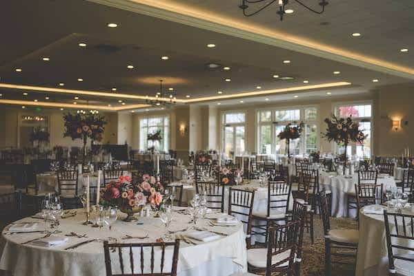 Ballroom decorated for wedding reception