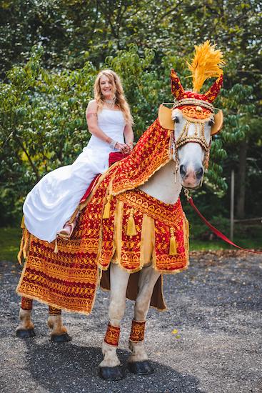 bride on a white horse during a baraat during her South Asian Multicultural wedding