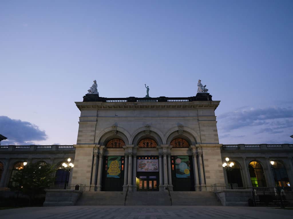 Exterior of the Please Touch Museum at sunset