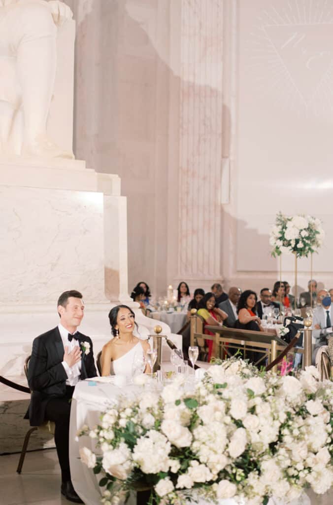 Bride and groom during a wedding reception at at The Franklin Institute in Philly