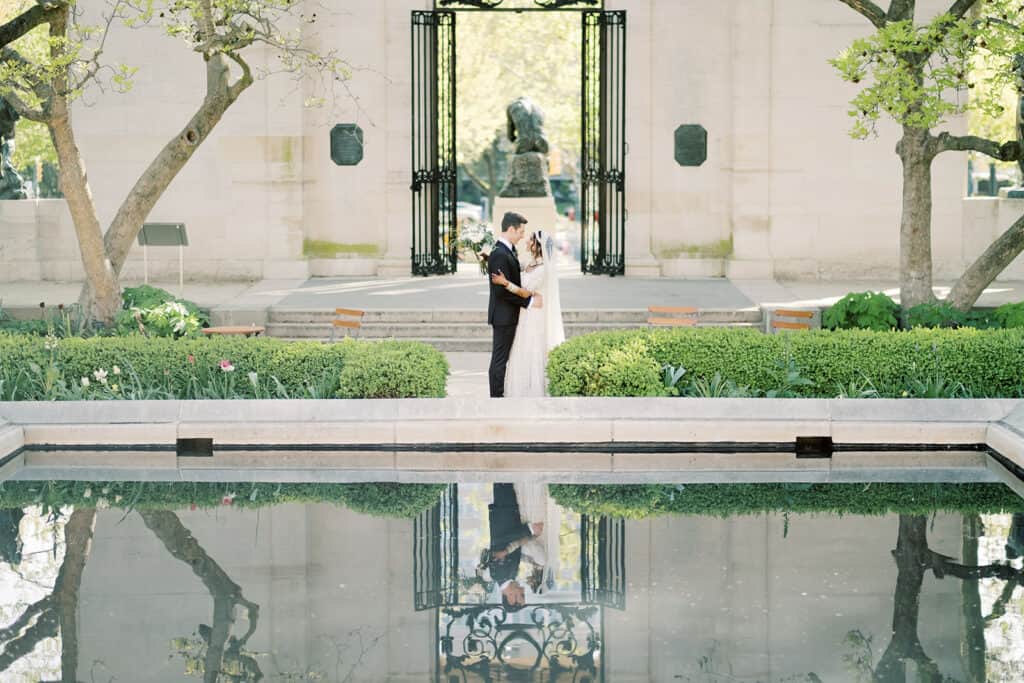 Bride and groom at the Rodin Museum garden in Philadelphia