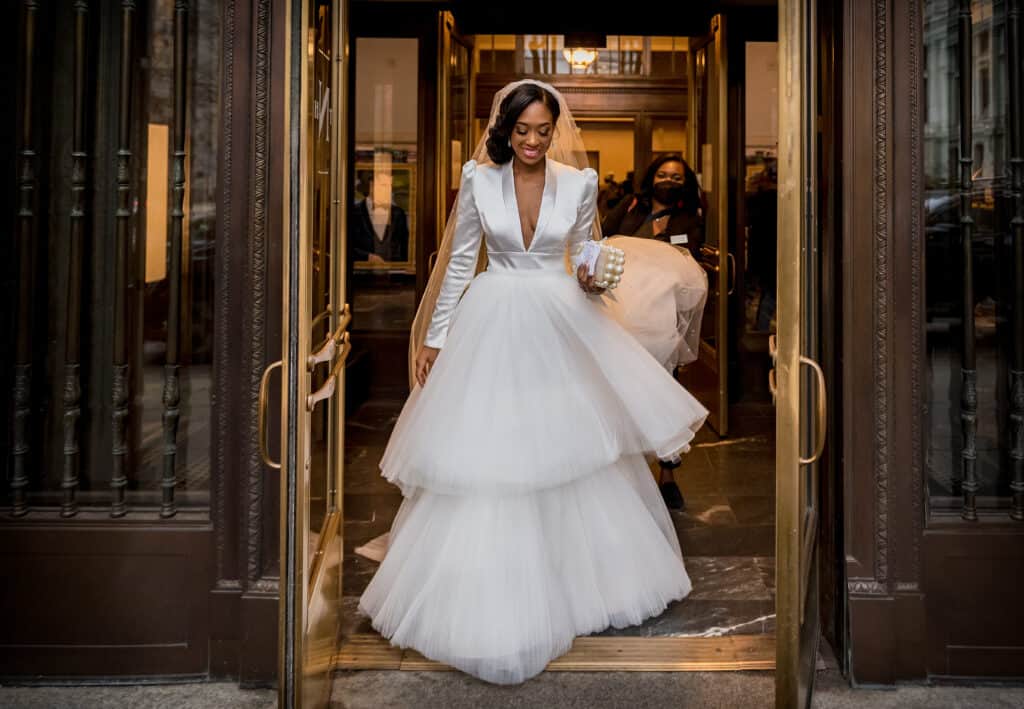 Bride leaving the Pennsylvania Academy of Fine Arts - a Museum wedding venue in Philadelphia