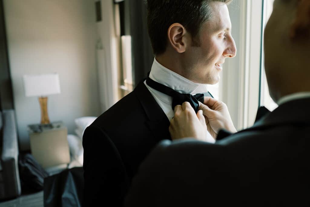 Groom getting ready for his Franklin Institute Philadelphia wedding