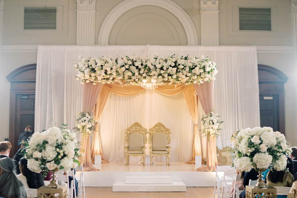 Multicultural wedding ceremony mandap at The Franklin Institute in Philadelphia