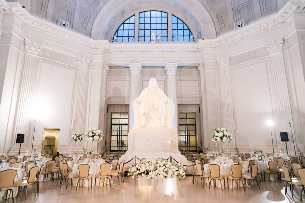 Franklin Institute Philadelphia wedding reception tables with statue