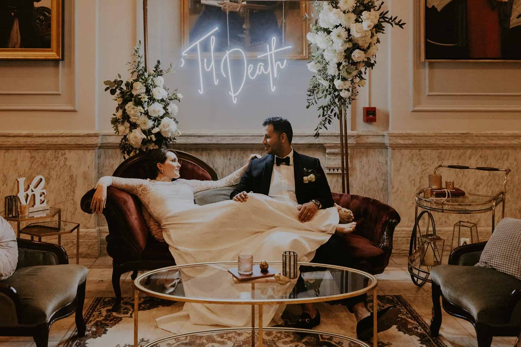 Bride and groom at their College of Physicians cocktail hour