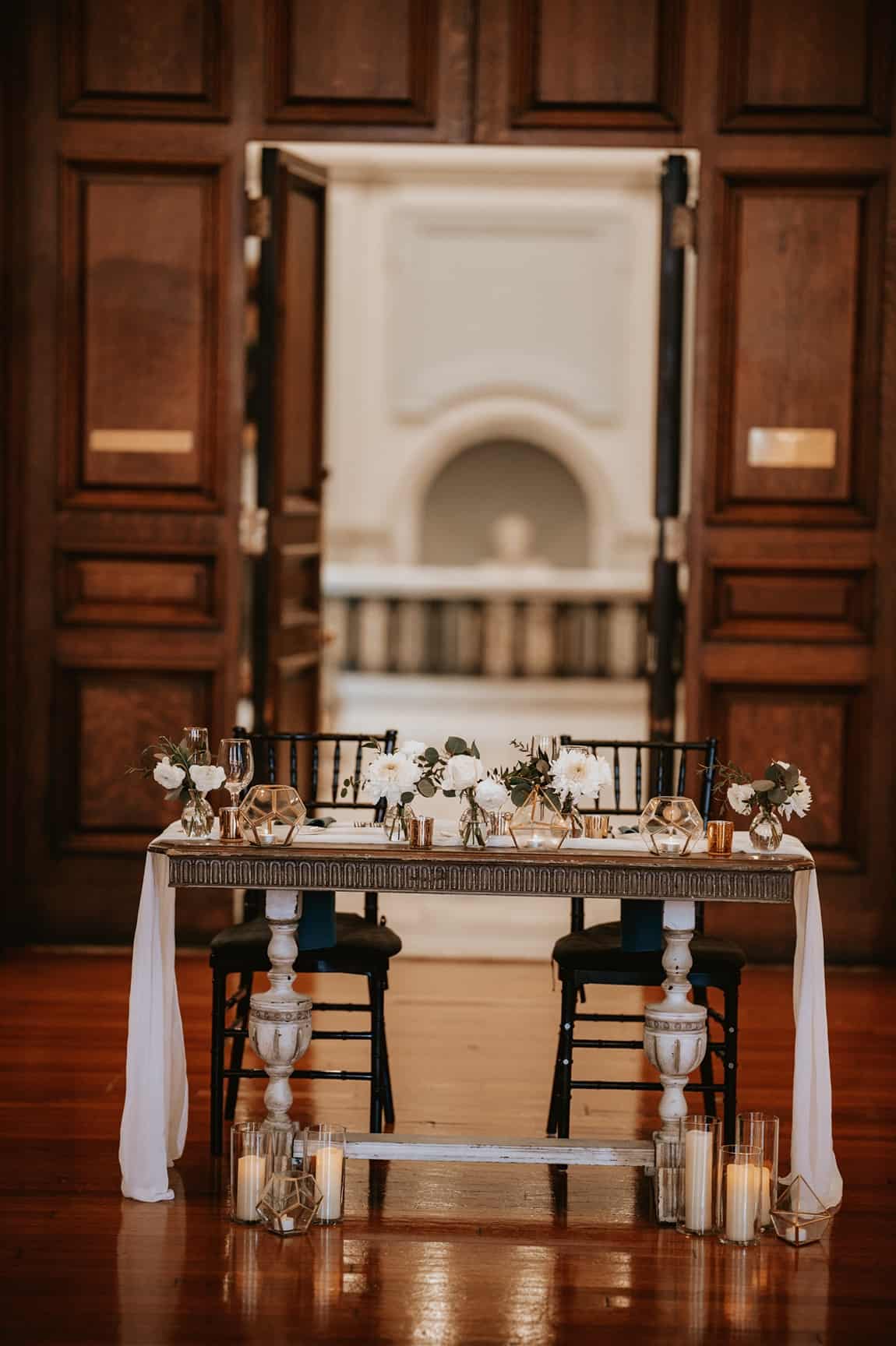 Sweetheart table at the College of Physicians wedding reception in Mitchell Hall