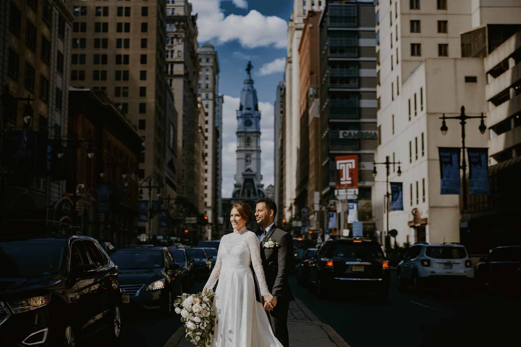 Bride and groom in downtown Philadelphia