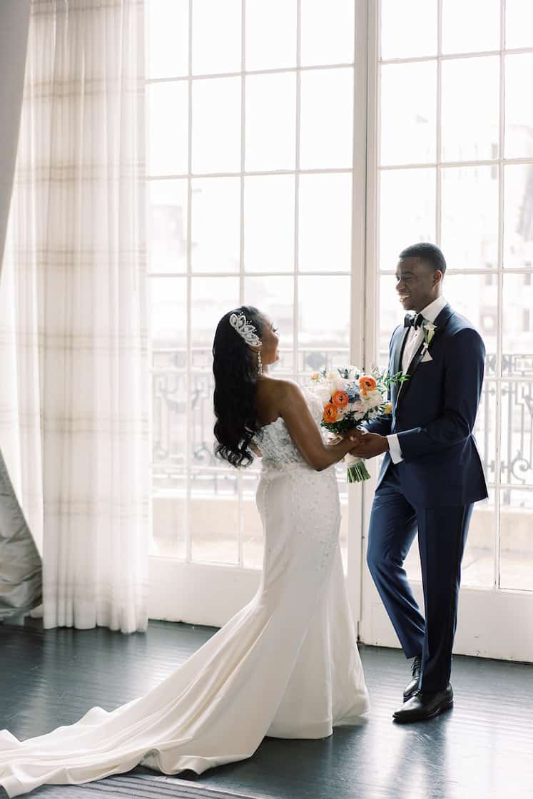 Bride and groom have wedding first look at the Bellevue Hotel