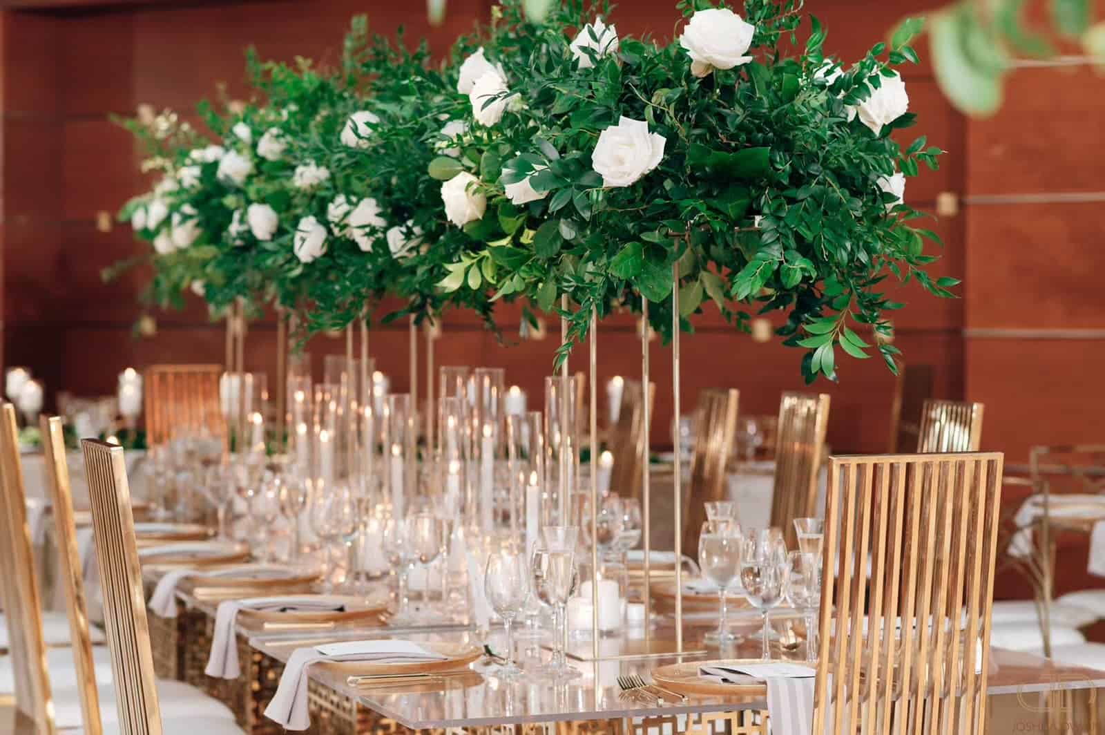 Wedding flower arrangements at the Kimmel Center wedding reception