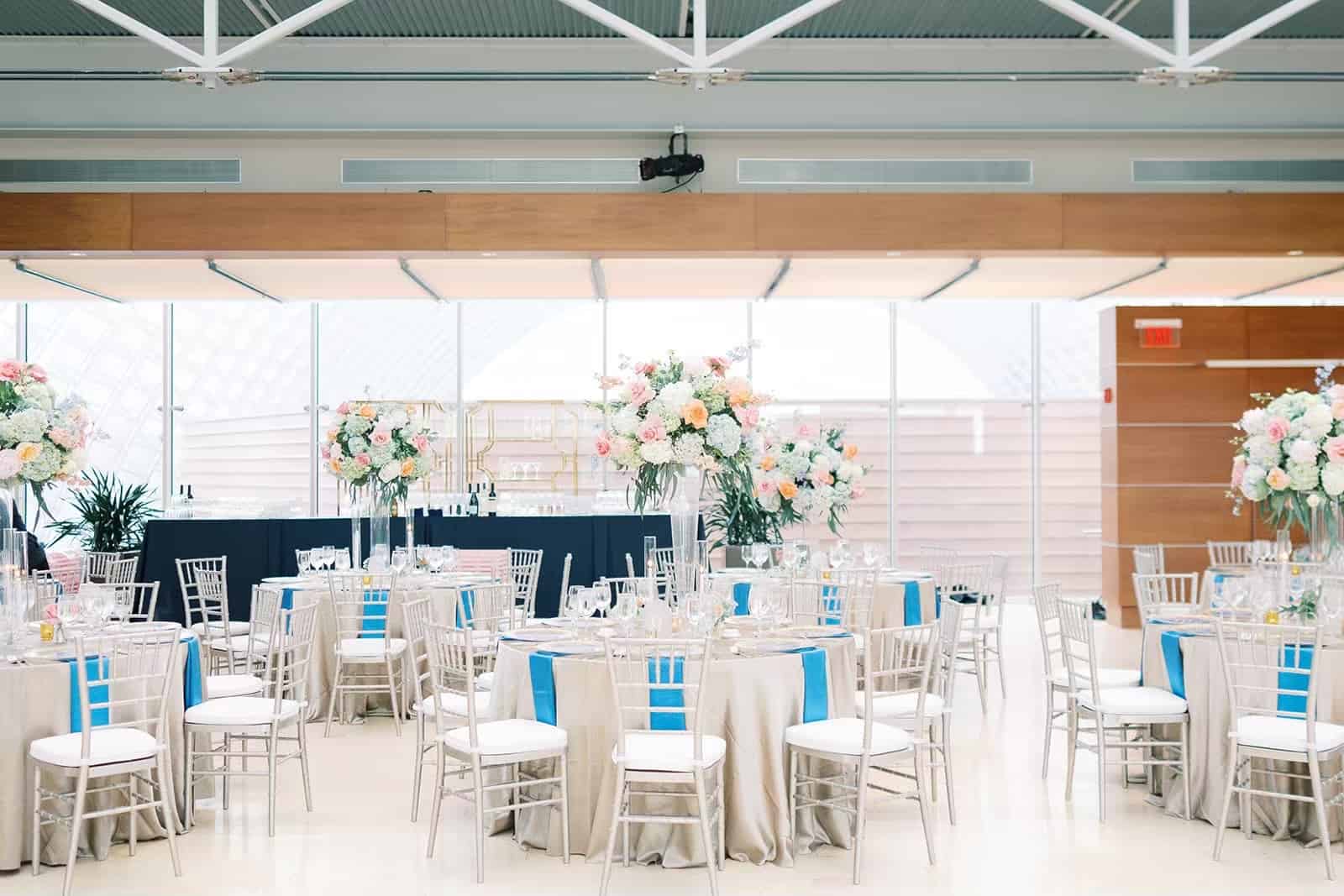 Blue and white Kimmel Center wedding reception decor